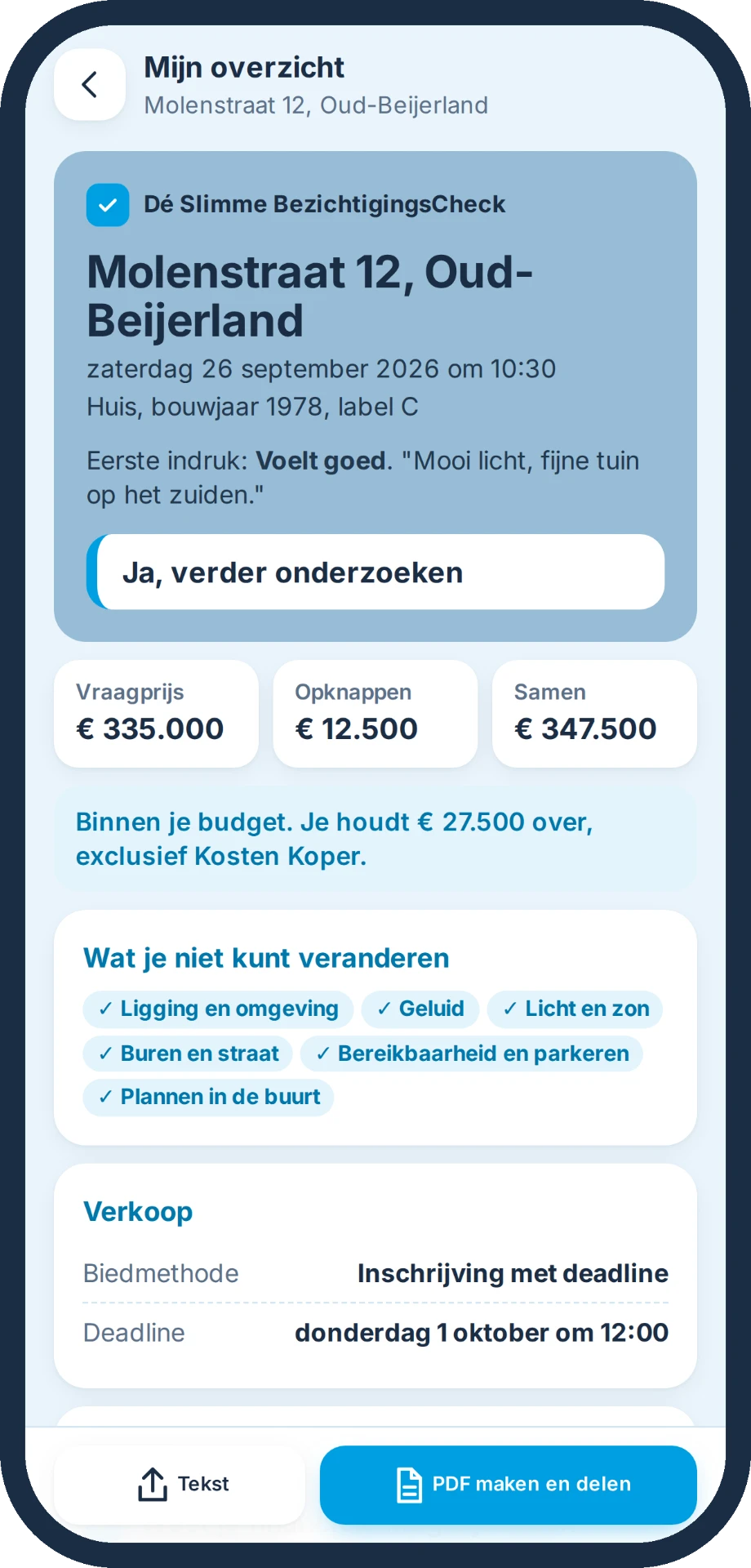 Mijn overzicht van een woning met kosten en verkoopgegevens