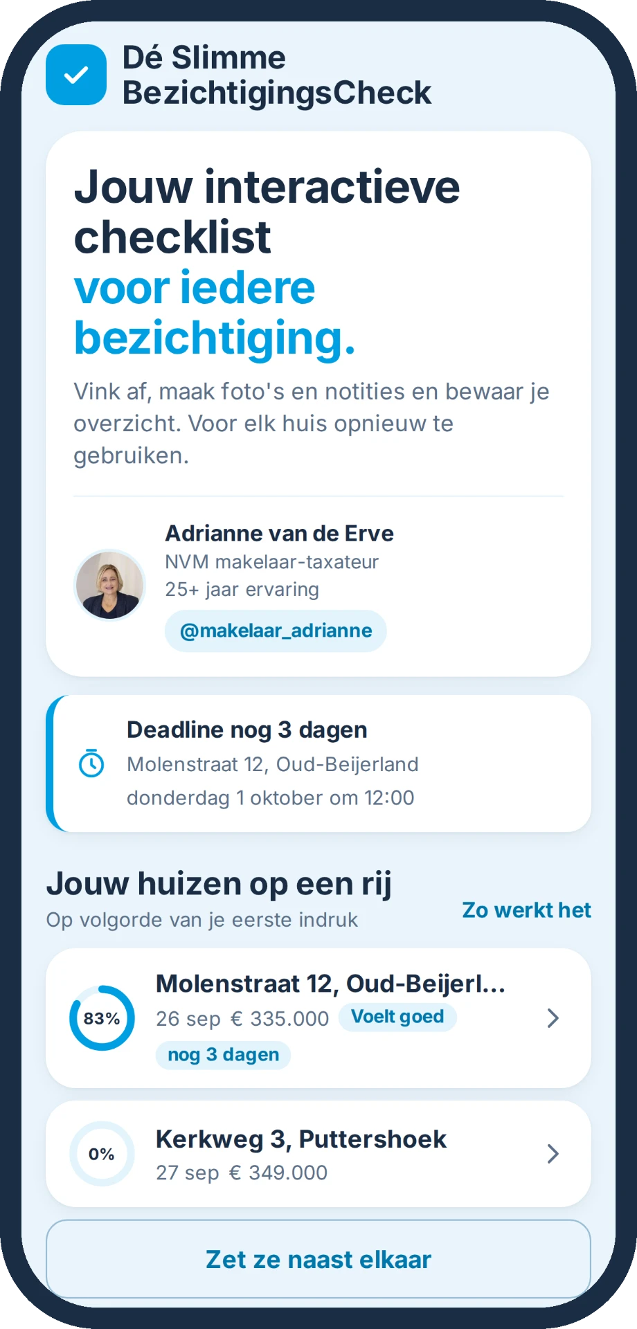 Startscherm van de app met je huizen op een rij